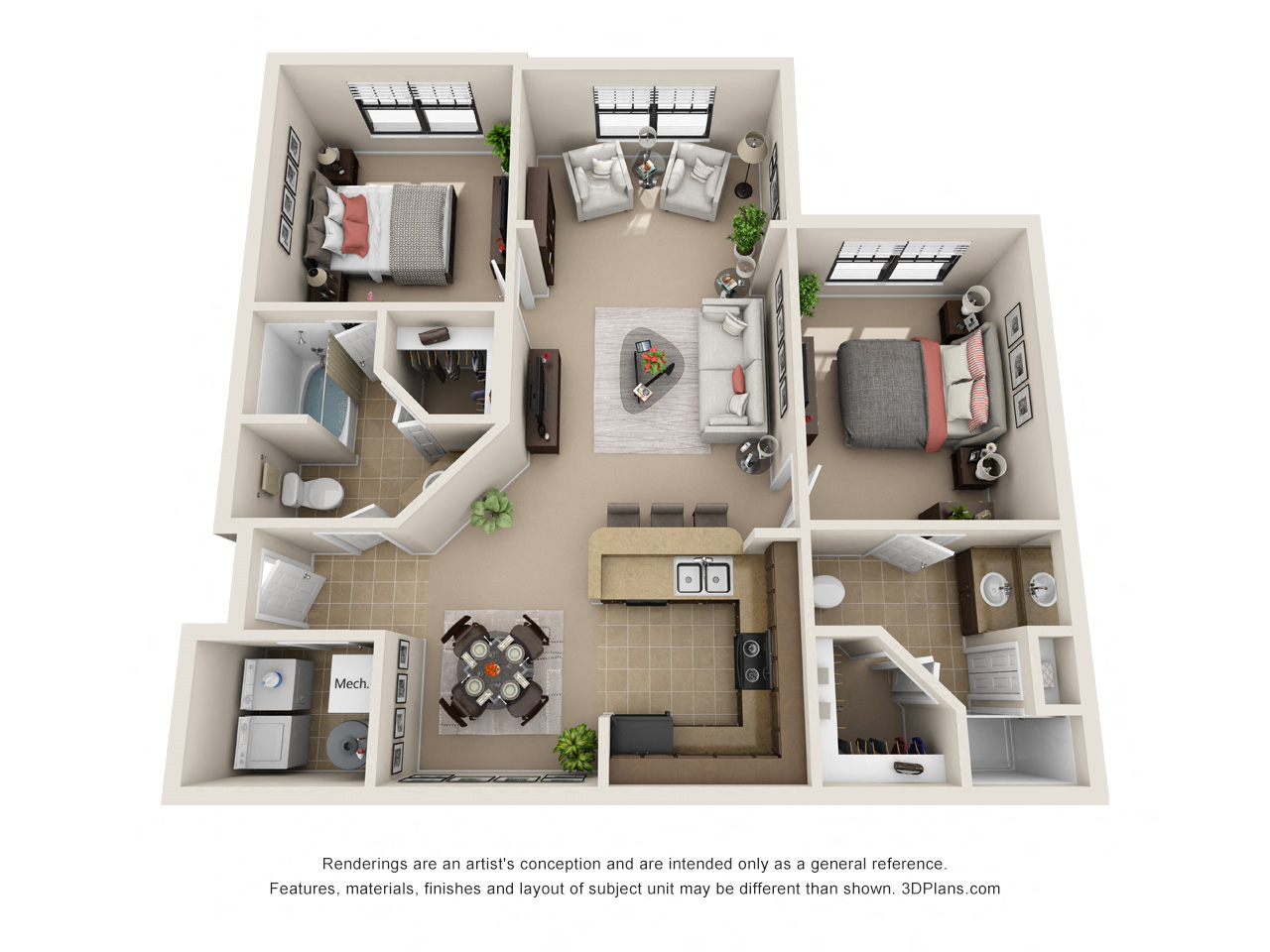 Floor plan for 2 beds, 2 baths, 1134 sqft